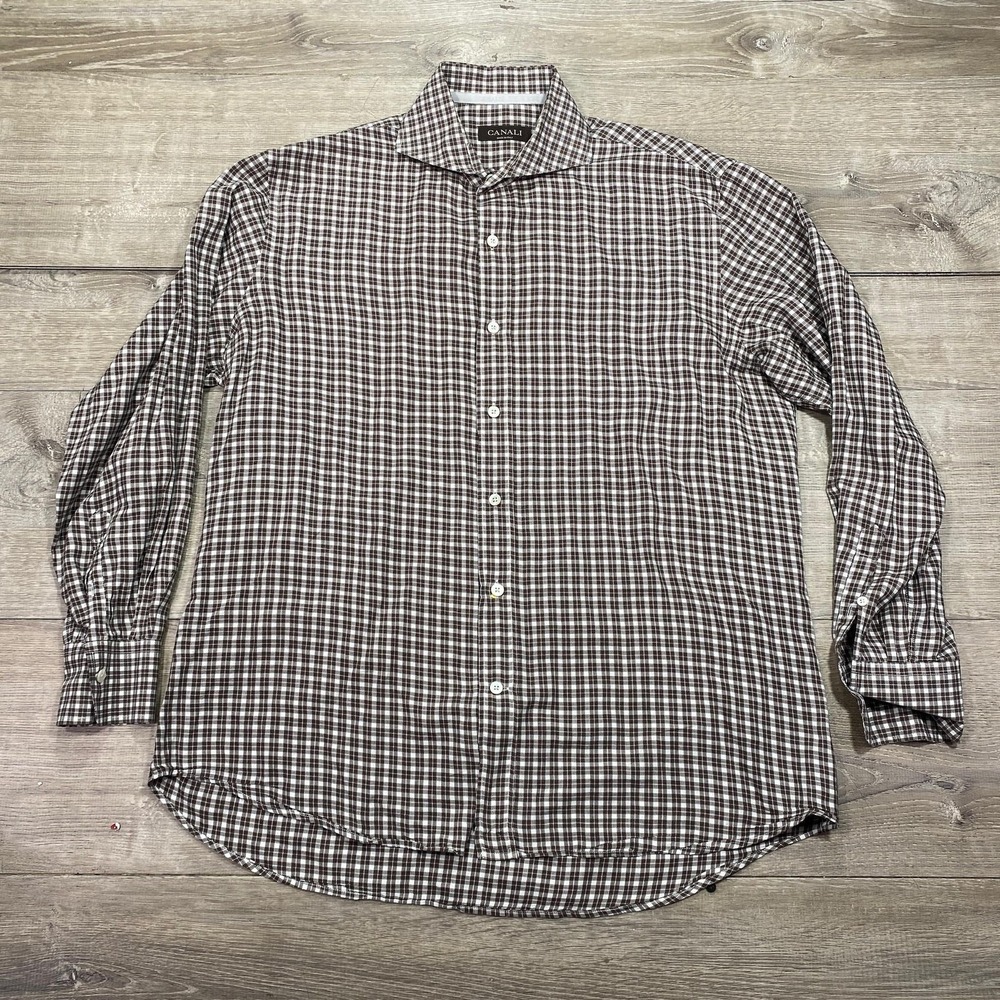 Canali‎ Dress Shirt Mens XL Brown White Check Cotton Long Sleeve Made In Italy